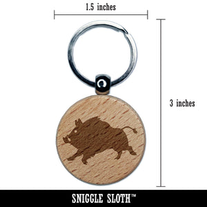 Wild Boar Pig Swine with Tusks Engraved Wood Round Keychain Tag Charm