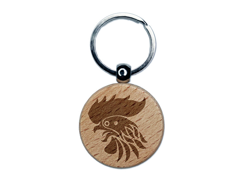 Wild Rooster Head Engraved Wood Round Keychain Tag Charm