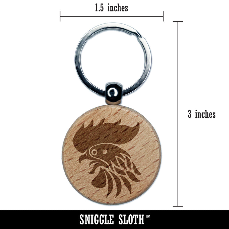Wild Rooster Head Engraved Wood Round Keychain Tag Charm