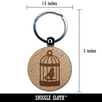 Bird Cage with Bird Engraved Wood Round Keychain Tag Charm