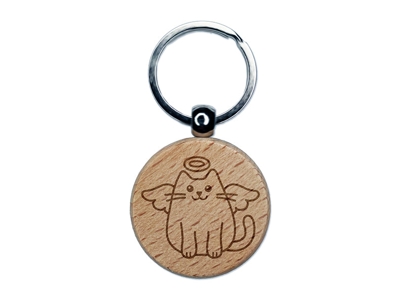 Cat Angel Engraved Wood Round Keychain Tag Charm