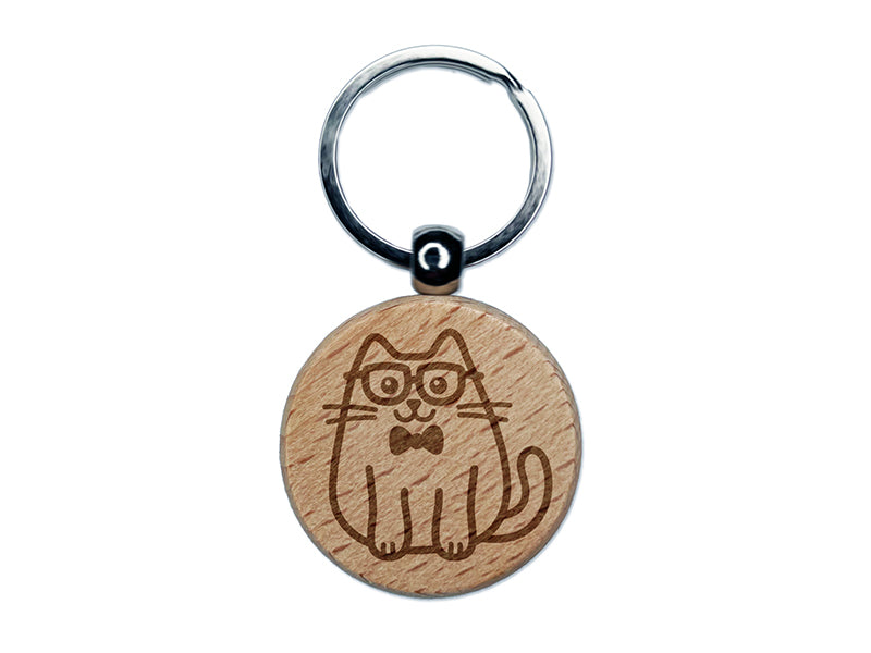 Cat Smart with Glasses and Bowtie Engraved Wood Round Keychain Tag Charm