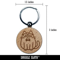 Cat Smart with Glasses and Bowtie Engraved Wood Round Keychain Tag Charm