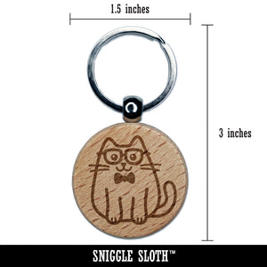 Cat Smart with Glasses and Bowtie Engraved Wood Round Keychain Tag Charm
