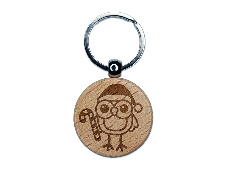 Christmas Owl with Candy Cane Engraved Wood Round Keychain Tag Charm