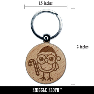 Christmas Owl with Candy Cane Engraved Wood Round Keychain Tag Charm