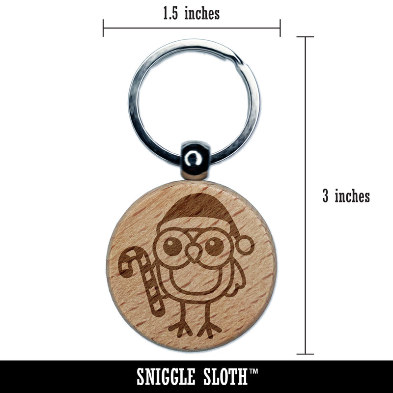 Christmas Owl with Candy Cane Engraved Wood Round Keychain Tag Charm