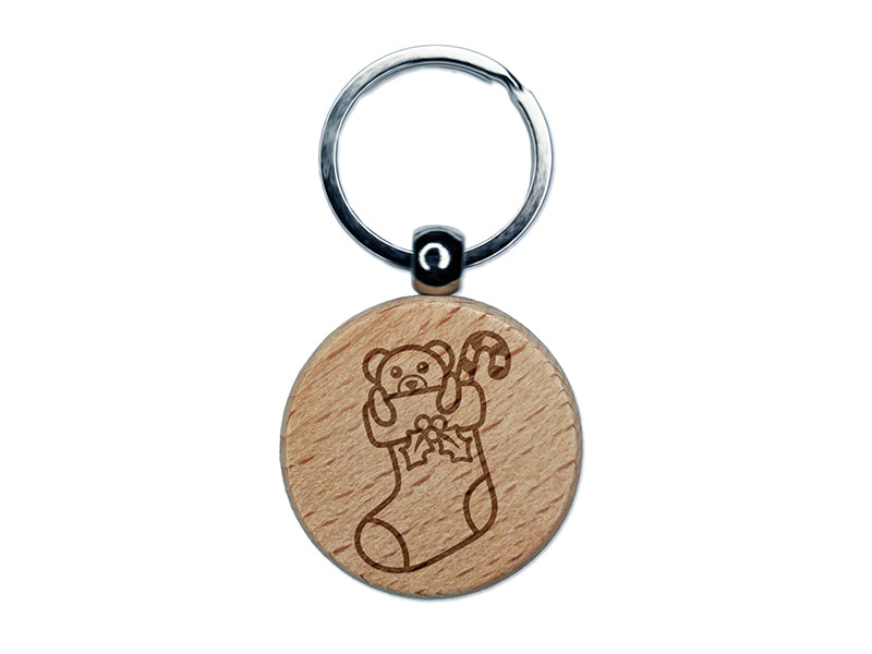 Christmas Stocking with Presents Engraved Wood Round Keychain Tag Charm