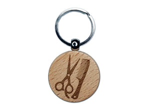 Hair Cutting Comb Scissors with Hearts Engraved Wood Round Keychain Tag Charm