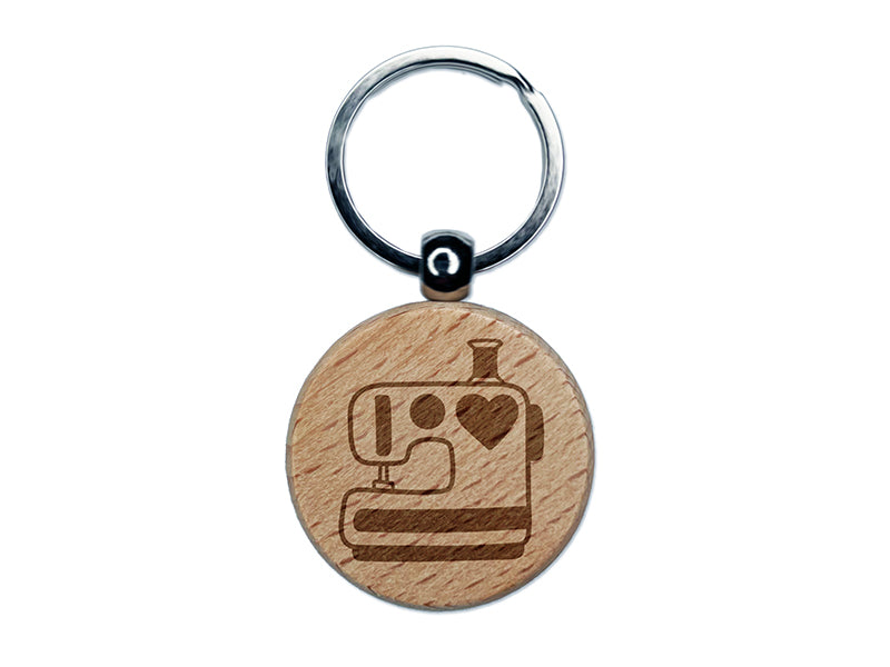 Sewing Machine with Heart Engraved Wood Round Keychain Tag Charm