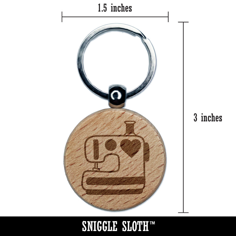 Sewing Machine with Heart Engraved Wood Round Keychain Tag Charm