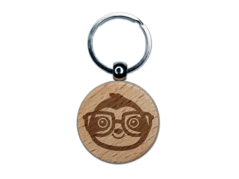 Sloth Smart with Glasses Engraved Wood Round Keychain Tag Charm
