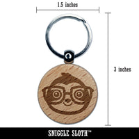 Sloth Smart with Glasses Engraved Wood Round Keychain Tag Charm