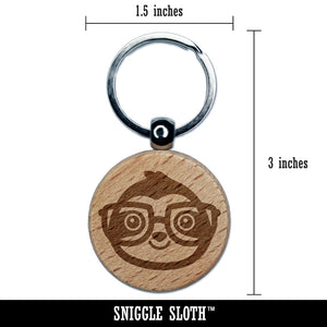 Sloth Smart with Glasses Engraved Wood Round Keychain Tag Charm