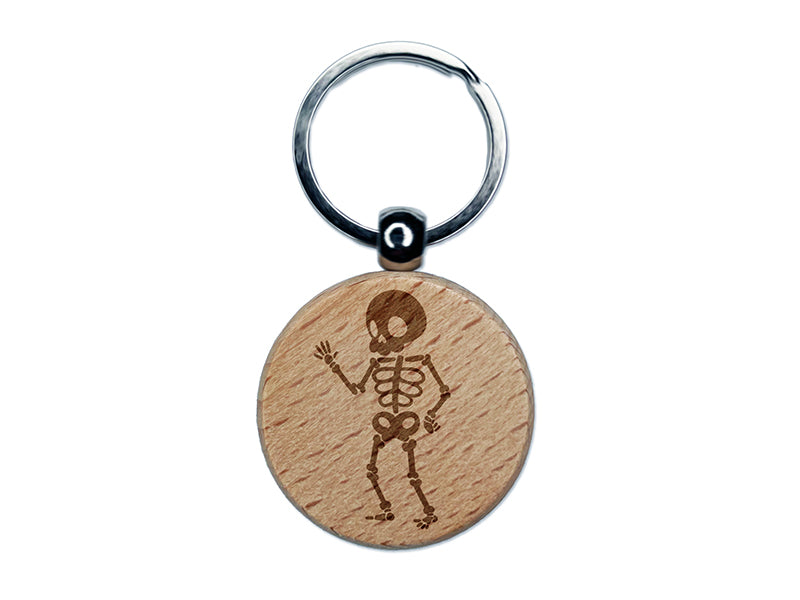 Cute Skeleton Waving Engraved Wood Round Keychain Tag Charm