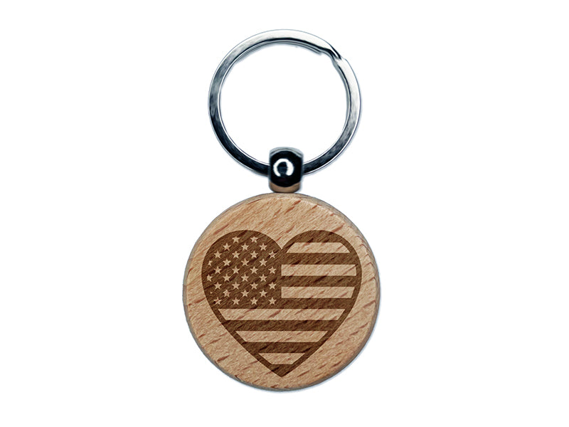 Heart Shaped American Flag United States of America USA Engraved Wood Round Keychain Tag Charm