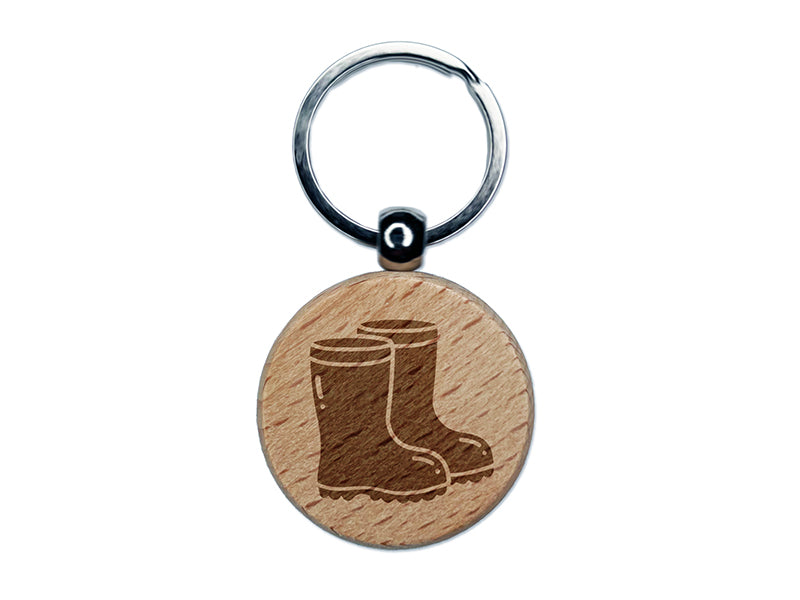 Rubber Rain Boots Engraved Wood Round Keychain Tag Charm