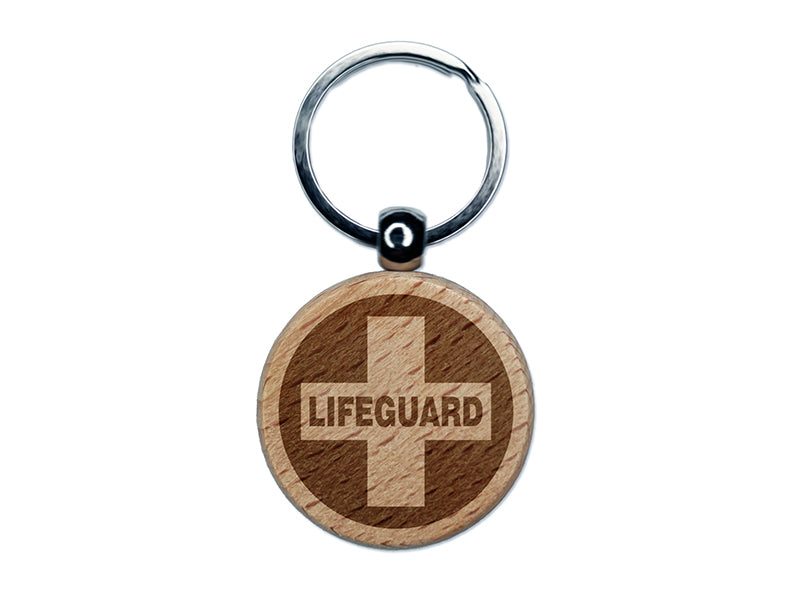 Lifeguard Cross in Circle Engraved Wood Round Keychain Tag Charm