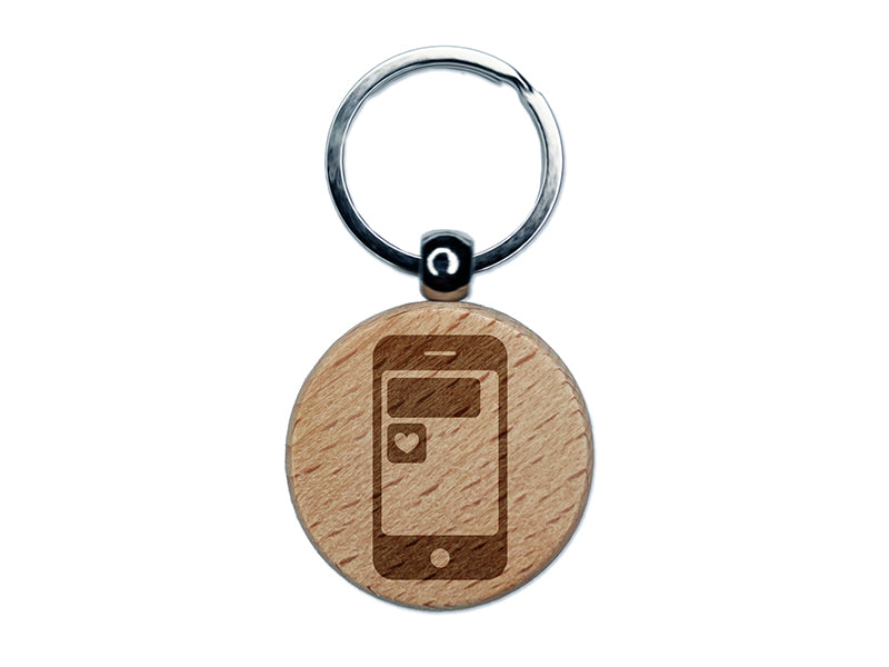 Mobile Tablet Phone Heart Text Message Engraved Wood Round Keychain Tag Charm