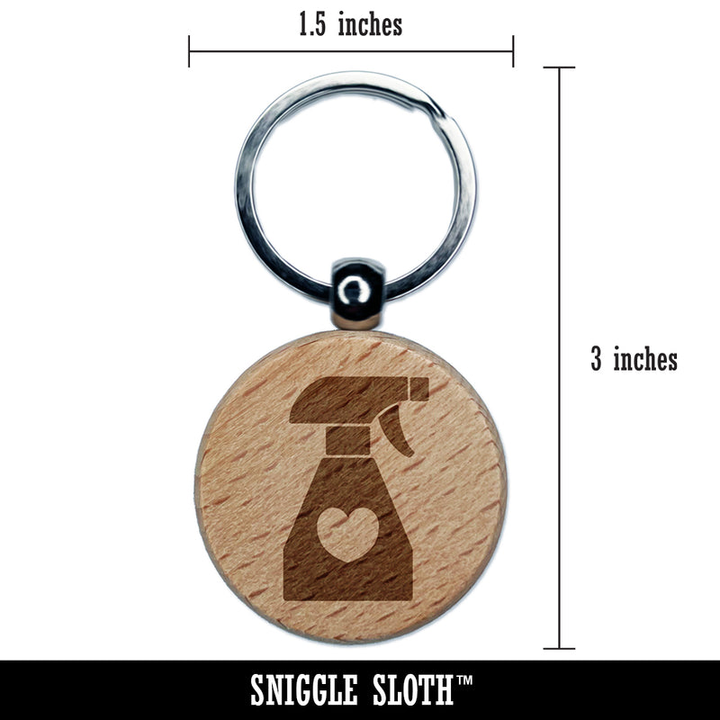 Spray Bottle Silhouette with Heart Engraved Wood Round Keychain Tag Charm