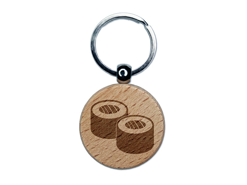 Sushi Roll Pair Engraved Wood Round Keychain Tag Charm