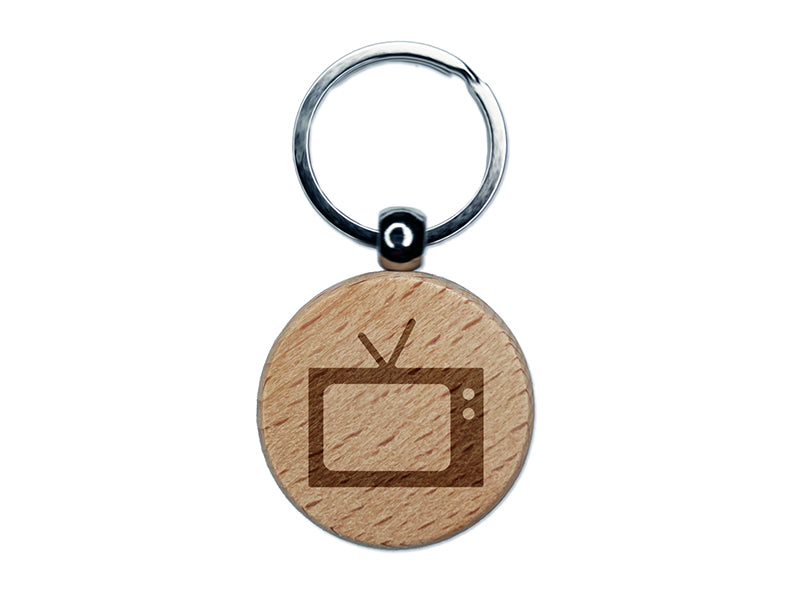 Vintage TV Television Silhouette Engraved Wood Round Keychain Tag Charm