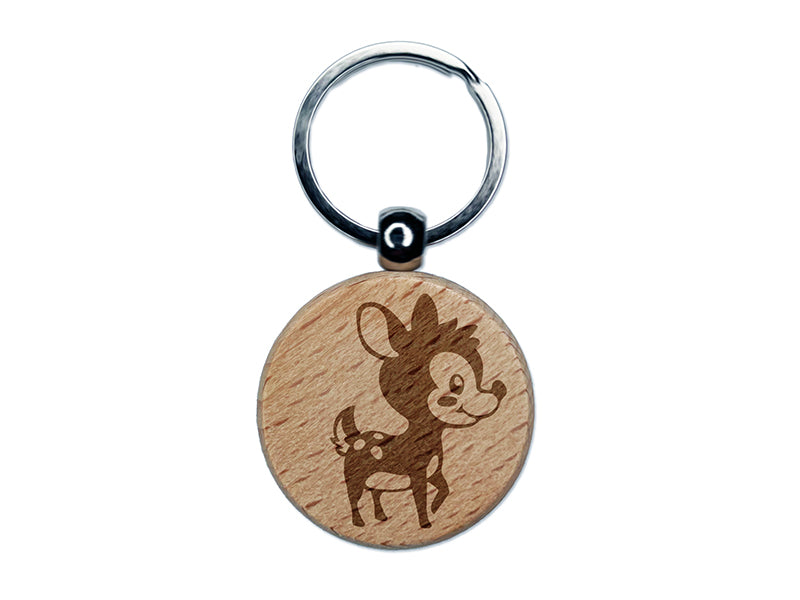 Adorable Baby Deer Fawn Engraved Wood Round Keychain Tag Charm