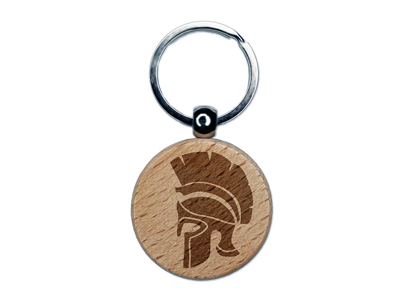 Ancient Greek Roman Spartan Helmet Engraved Wood Round Keychain Tag Charm