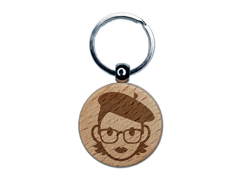 Artist Woman Icon Engraved Wood Round Keychain Tag Charm
