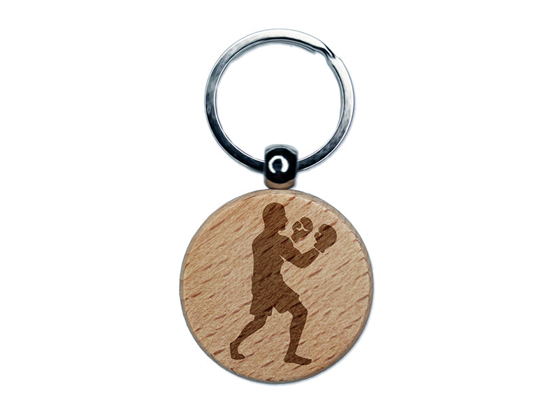 Boxer Boxing Fighting Pose Engraved Wood Round Keychain Tag Charm