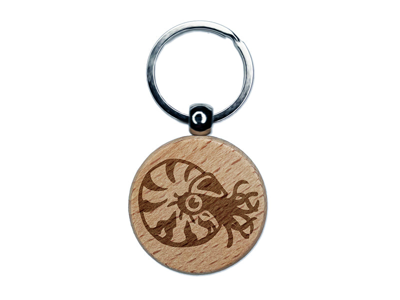 Charming Chambered Nautilus Sea Ocean Creature Engraved Wood Round Keychain Tag Charm