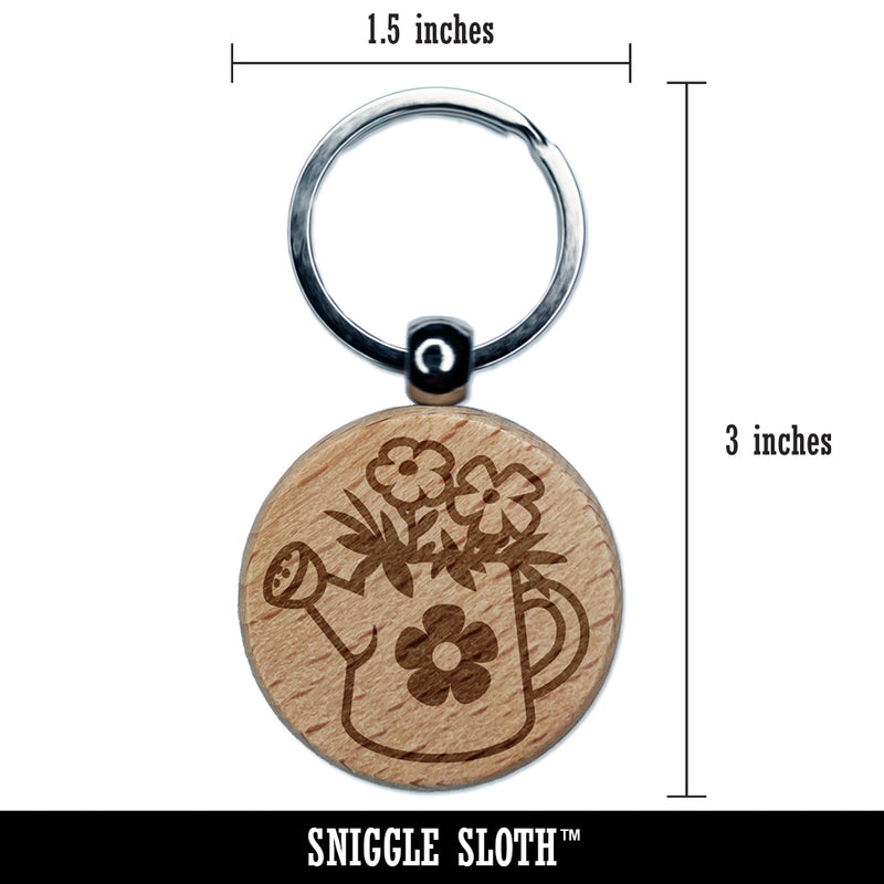 Cute Watering Can with Flowers Engraved Wood Round Keychain Tag Charm
