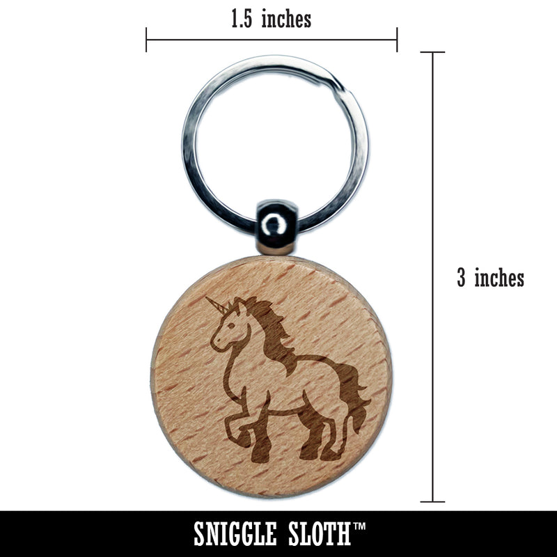 Elegant Majestic Mythical Unicorn Engraved Wood Round Keychain Tag Charm