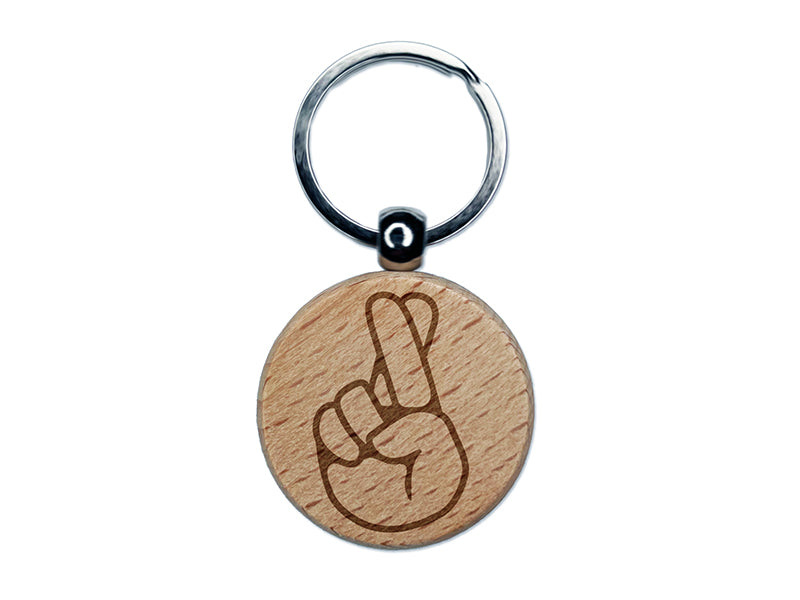 Fingers Crossed Promise Hand Gesture Engraved Wood Round Keychain Tag Charm