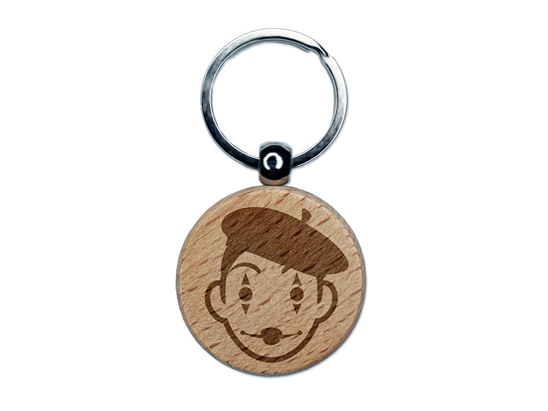 French Mime with Beret Engraved Wood Round Keychain Tag Charm