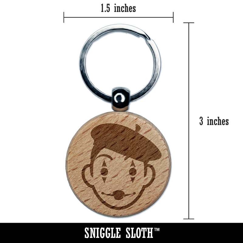 French Mime with Beret Engraved Wood Round Keychain Tag Charm