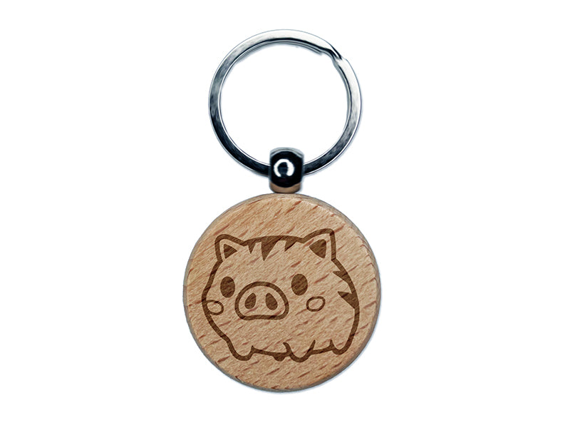 Fun Chibi Wild Boar Pig Swine Engraved Wood Round Keychain Tag Charm