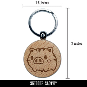 Fun Chibi Wild Boar Pig Swine Engraved Wood Round Keychain Tag Charm