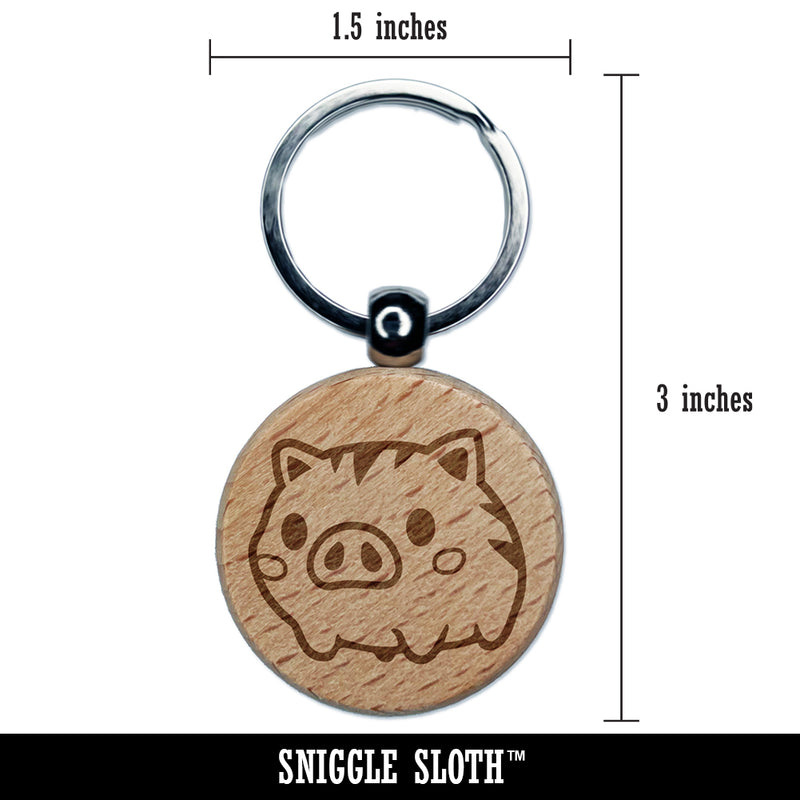 Fun Chibi Wild Boar Pig Swine Engraved Wood Round Keychain Tag Charm