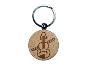 Fun Violin with Bow Icon Engraved Wood Round Keychain Tag Charm