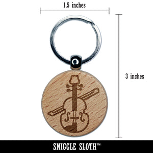 Fun Violin with Bow Icon Engraved Wood Round Keychain Tag Charm