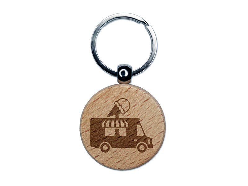 Ice Cream Truck Engraved Wood Round Keychain Tag Charm