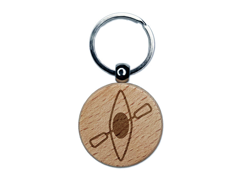 Kayak with Paddle Icon Engraved Wood Round Keychain Tag Charm