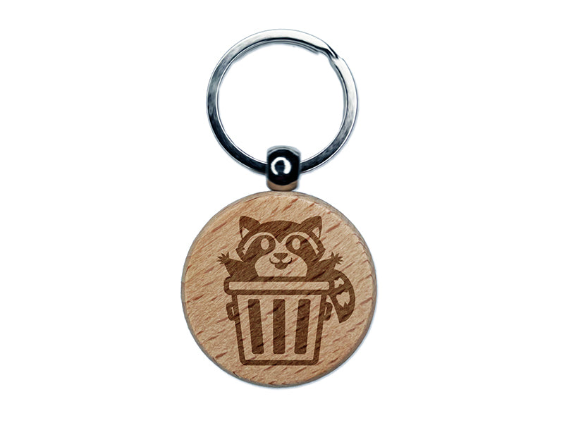 Lively Raccoon in Trash Can Engraved Wood Round Keychain Tag Charm