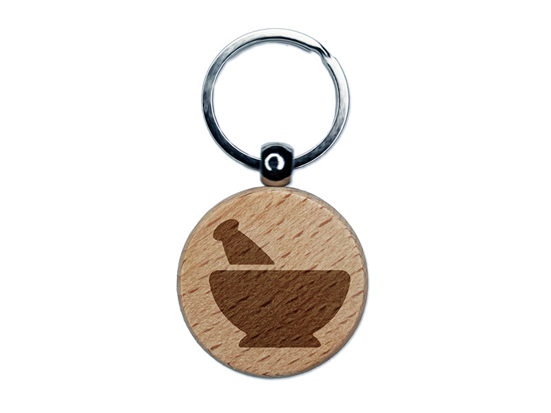 Mortar and Pestle Pharmacy Alchemy Icon Engraved Wood Round Keychain Tag Charm