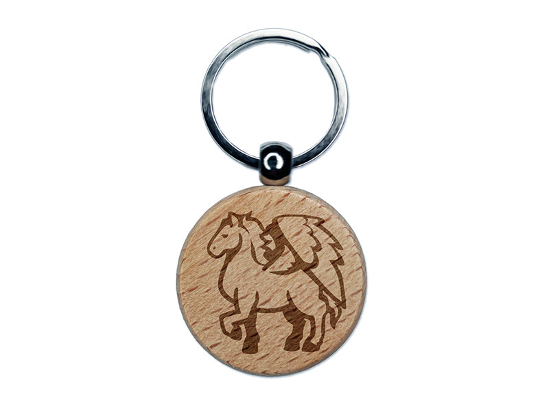 Mythical Winged Horse Pegasus Engraved Wood Round Keychain Tag Charm