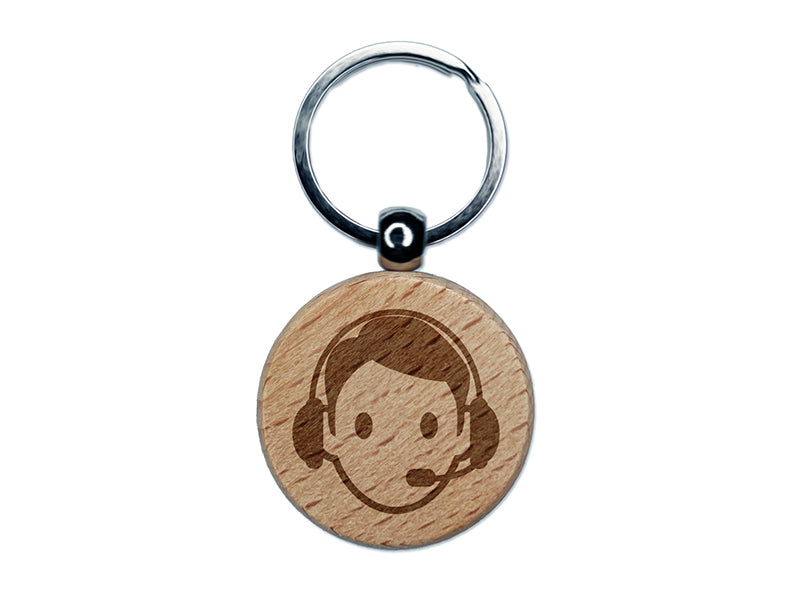 Occupation Customer Service Man Icon Engraved Wood Round Keychain Tag Charm