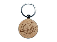 Saturn Planet with Rings and Stars Engraved Wood Round Keychain Tag Charm