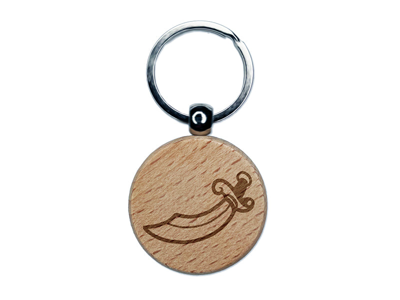 Scimitar Curved Pirate Sword Engraved Wood Round Keychain Tag Charm