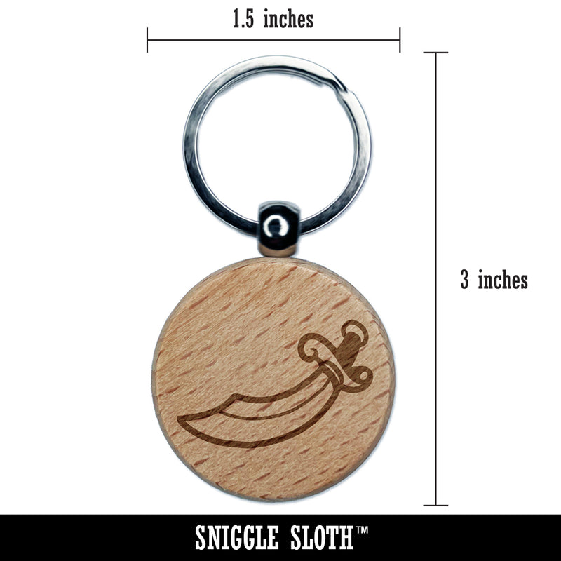 Scimitar Curved Pirate Sword Engraved Wood Round Keychain Tag Charm